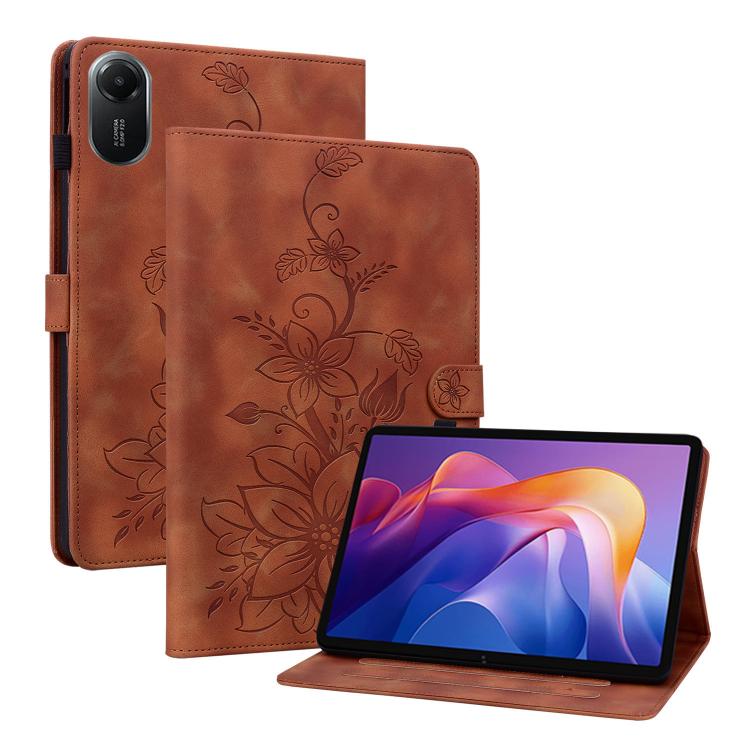 

For Redmi Pad 2 / Redmi Pad SE 11 2025 Lily Embossed Leather Tablet Case(Brown)