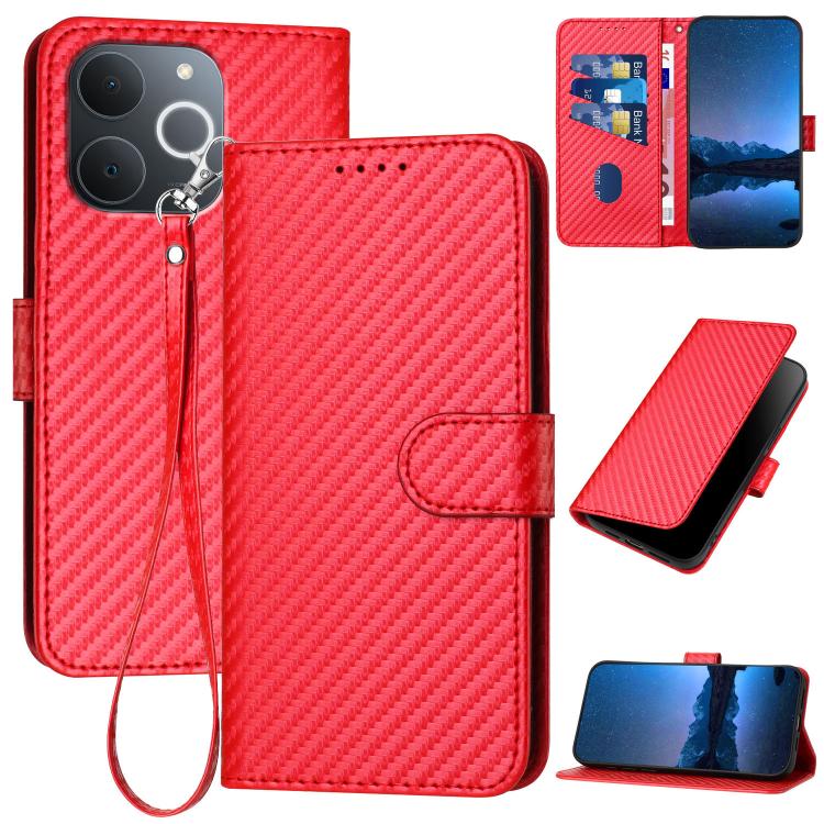 

For Realme C71 India YX0070 Carbon Fiber Buckle Leather Phone Case with Lanyard(Red)