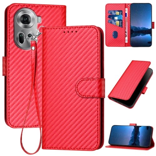 

For OPPO Reno11 Global YX0070 Carbon Fiber Buckle Leather Phone Case with Lanyard(Red)
