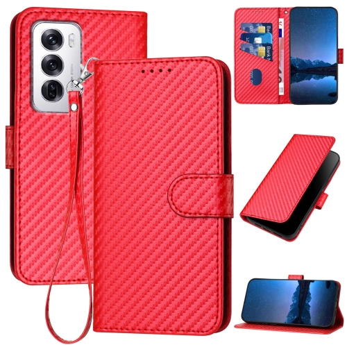 

For OPPO Reno12 Global YX0070 Carbon Fiber Buckle Leather Phone Case with Lanyard(Red)