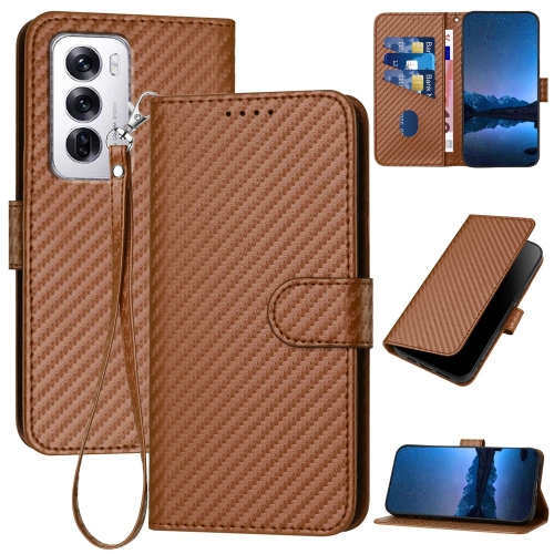 

For OPPO Reno12 Global YX0070 Carbon Fiber Buckle Leather Phone Case with Lanyard(Coffee)