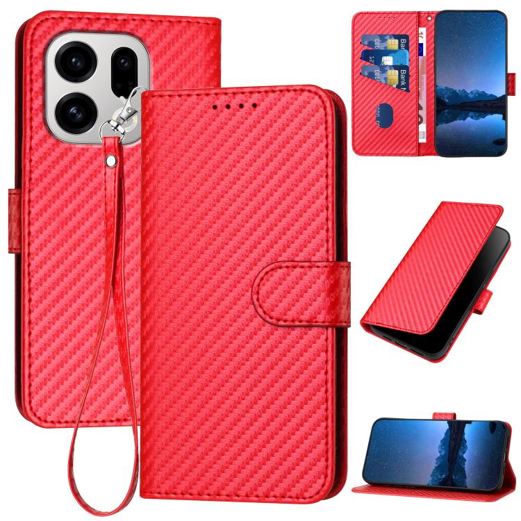 

For OPPO Find X9 YX0070 Carbon Fiber Buckle Leather Phone Case with Lanyard(Red)