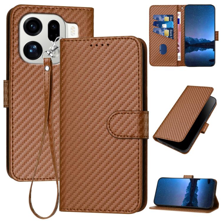 For OPPO Find X9 Pro YX0070 Carbon Fiber Buckle Leather Phone Case with Lanyard(Coffee)