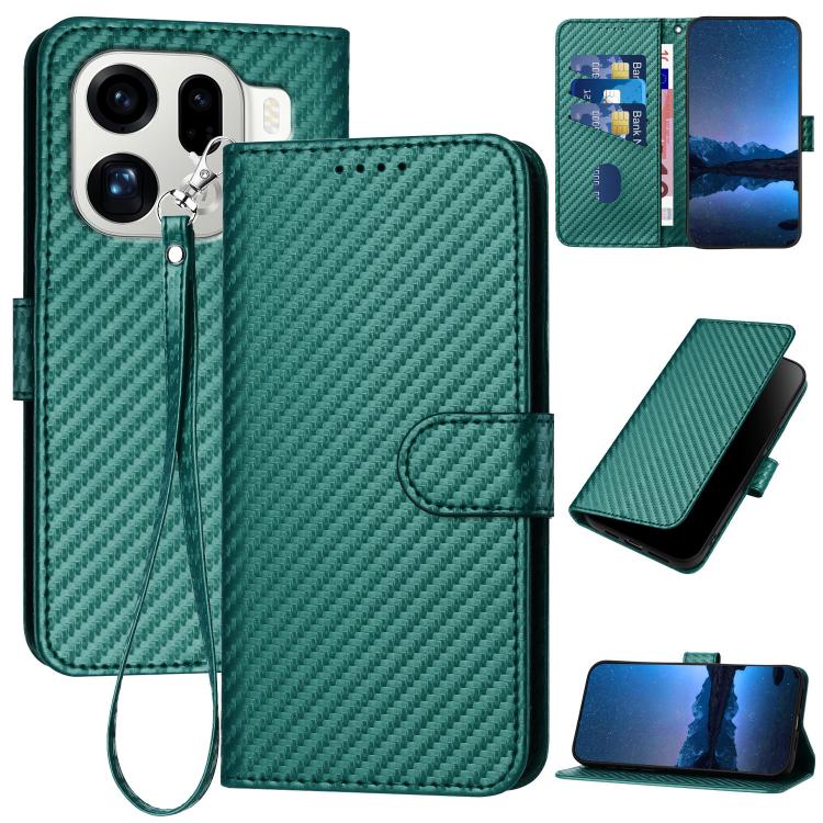 

For OPPO Find X9 Pro YX0070 Carbon Fiber Buckle Leather Phone Case with Lanyard(Dark Green)