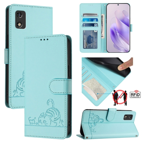 

For itel A23 Pro / A17 Cat Rat Embossed Pattern RFID Leather Phone Case with Lanyard(Mint Green)