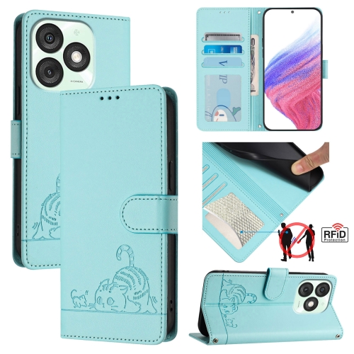 

For itel A50 Cat Rat Embossed Pattern RFID Leather Phone Case with Lanyard(Mint Green)