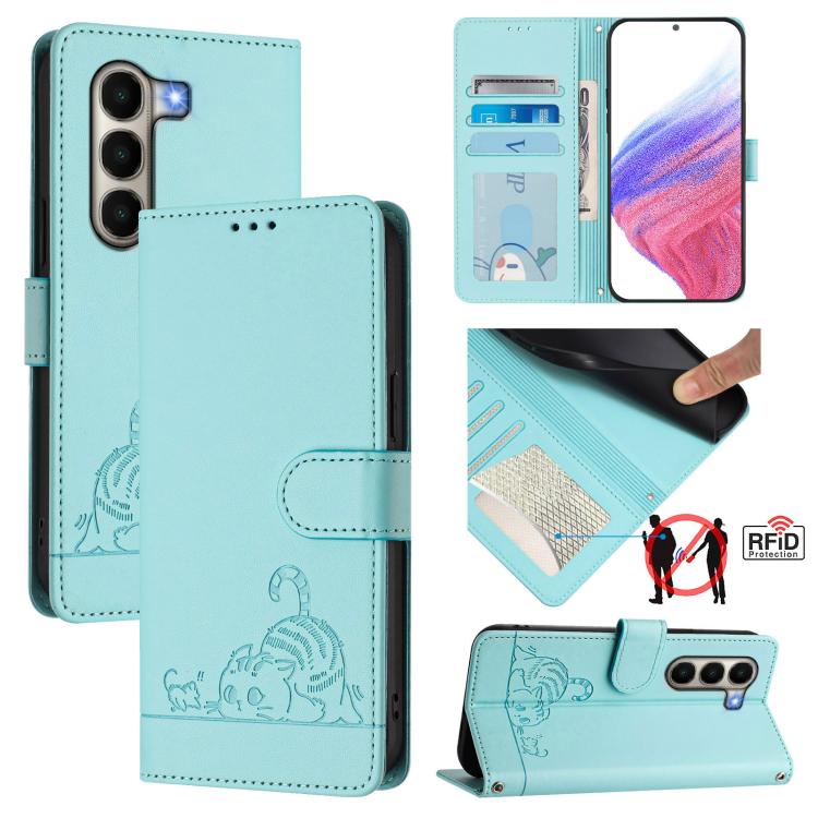 

For Itel A95 5G Cat Rat Embossed Pattern RFID Leather Phone Case with Lanyard(Mint Green)