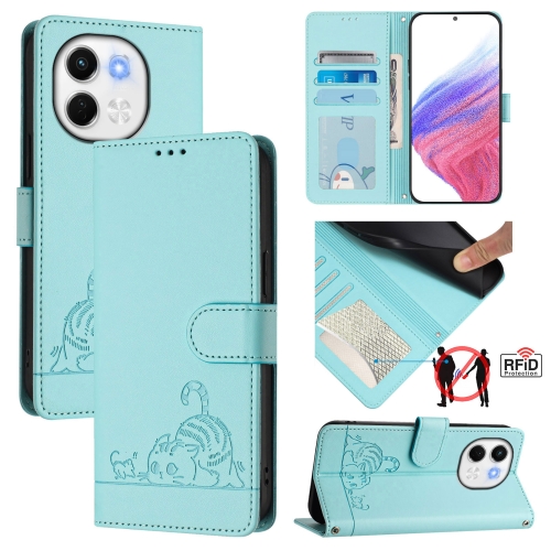 

For Tecno Spark 30 5G Cat Rat Embossed Pattern RFID Leather Phone Case with Lanyard(Mint Green)