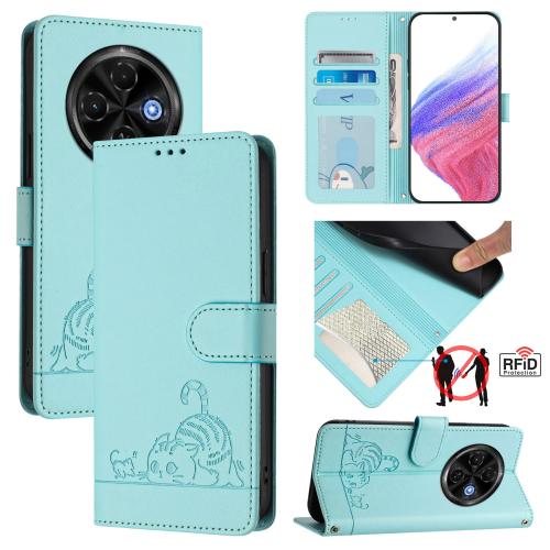 

For Tecno Spark 30C 5G / Pop 9 5G Cat Rat Embossed Pattern RFID Leather Phone Case with Lanyard(Mint Green)