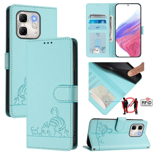 

For Infinix Hot 50i 5G / Smart 9 4G Cat Rat Embossed Pattern RFID Leather Phone Case with Lanyard(Mint Green)