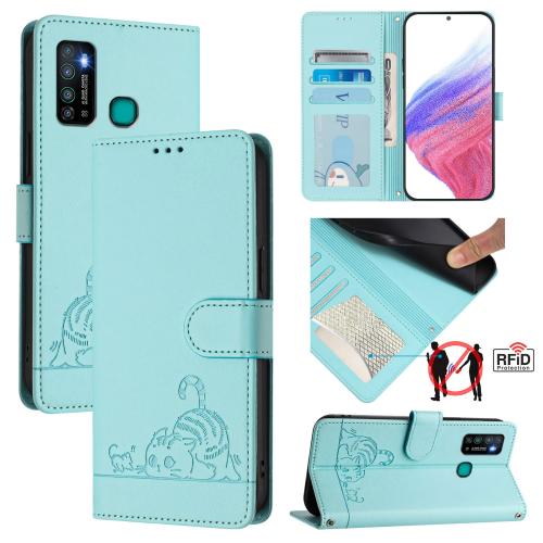 

For Infinix Hot 9 / Hot 9 Pro Cat Rat Embossed Pattern RFID Leather Phone Case with Lanyard(Mint Green)