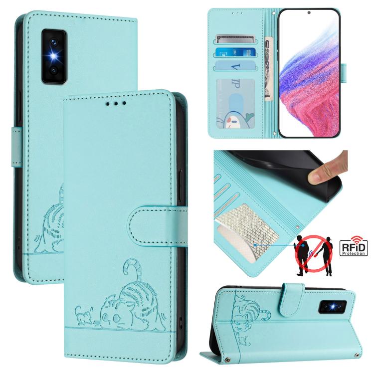 

For Infinix GT 30 Pro Cat Rat Embossed Pattern RFID Leather Phone Case with Lanyard(Mint Green)