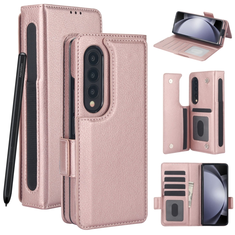 

For Samsung Galaxy Z Fold4 Solid Color Multifunctional Folding Leather Phone Case with Pen Slot(Rose Gold)