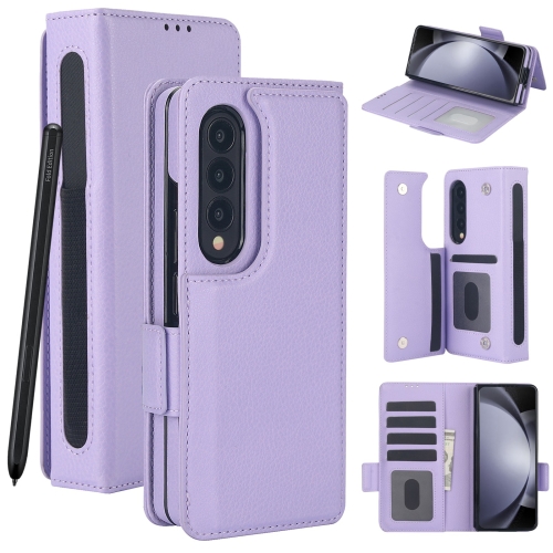 

For Samsung Galaxy Z Fold4 Solid Color Multifunctional Folding Leather Phone Case with Pen Slot(Purple)