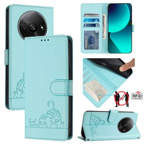 

For Xiaomi A3 4G Global Cat Rat Embossed Pattern RFID Leather Phone Case with Lanyard(Mint Green)