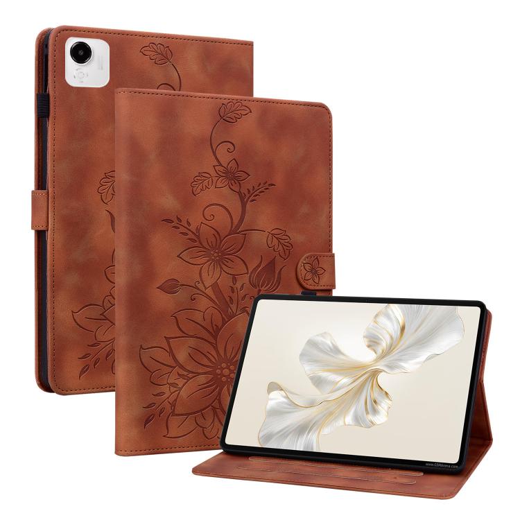 

For Honor Pad X9a Lily Embossed Leather Tablet Case(Brown)