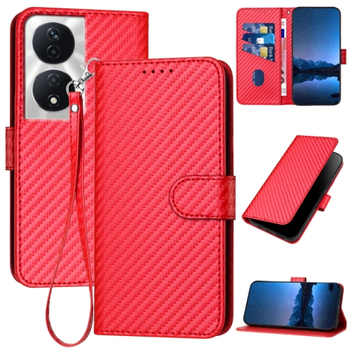 

For Honor X7b 5G YX0070 Carbon Fiber Buckle Leather Phone Case with Lanyard(Red)