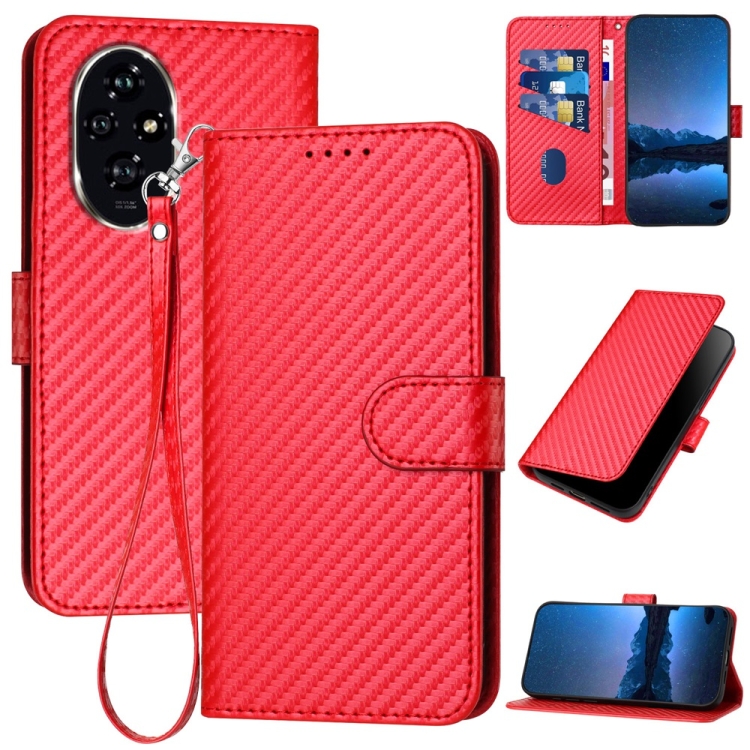 

For Honor 200 YX0070 Carbon Fiber Buckle Leather Phone Case with Lanyard(Red)