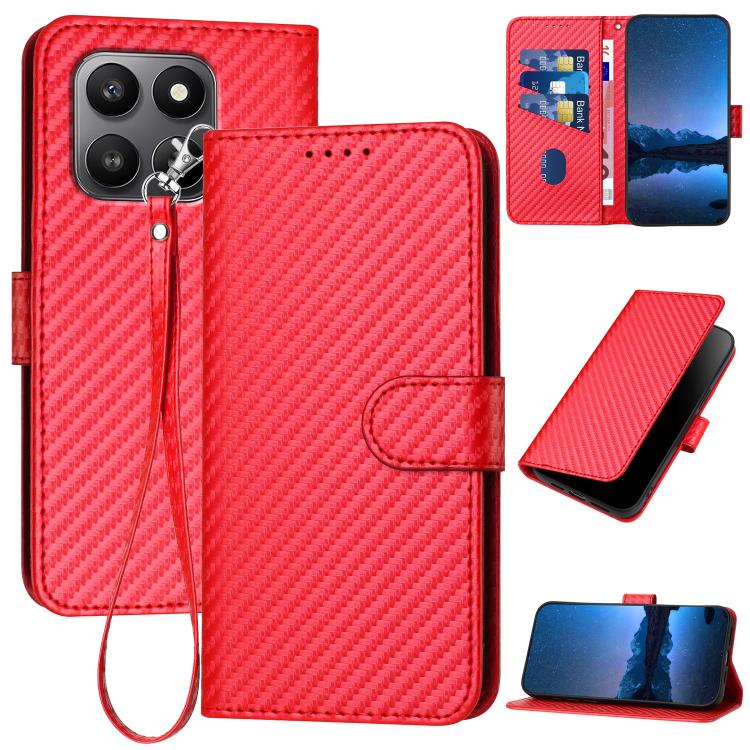 

For Honor 400 Smart / X7d 4G / Play 10T 5G YX0070 Carbon Fiber Buckle Leather Phone Case with Lanyard(Red)