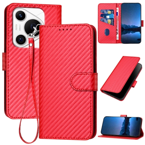 

For Huawei Pura 70 Pro / Pura 70 Ultra YX0070 Carbon Fiber Buckle Leather Phone Case with Lanyard(Red)