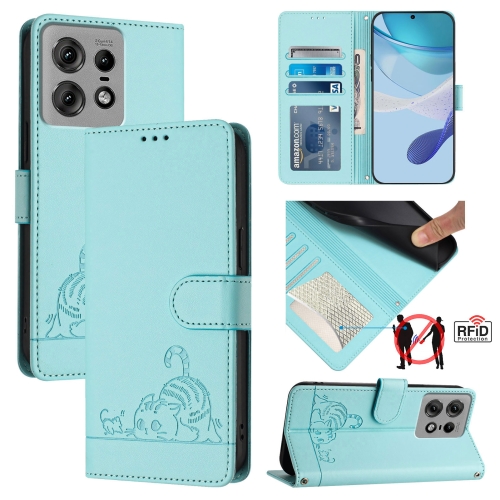 

For Motorola Edge 50 Pro Cat Rat Embossed Pattern RFID Leather Phone Case with Lanyard(Mint Green)