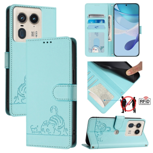

For Motorola Edge 50 Ultra Cat Rat Embossed Pattern RFID Leather Phone Case with Lanyard(Mint Green)