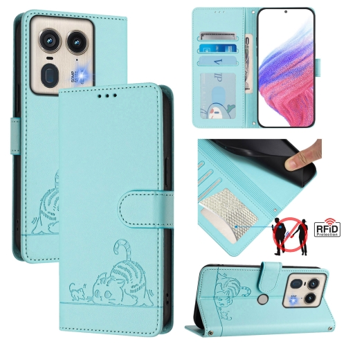 

For Motorola Edge 5G Global Cat Rat Embossed Pattern RFID Leather Phone Case with Lanyard(Mint Green)