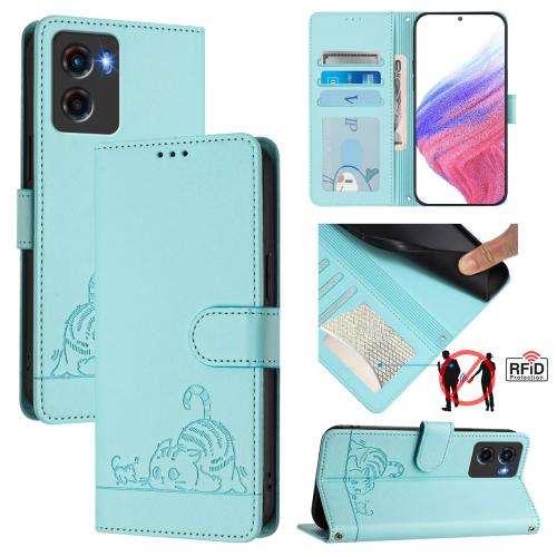 

For Motorola Moto G05 Cat Rat Embossed Pattern RFID Leather Phone Case with Lanyard(Mint Green)