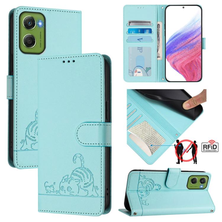 

For Motorola Moto G06 4G Cat Rat Embossed Pattern RFID Leather Phone Case with Lanyard(Mint Green)