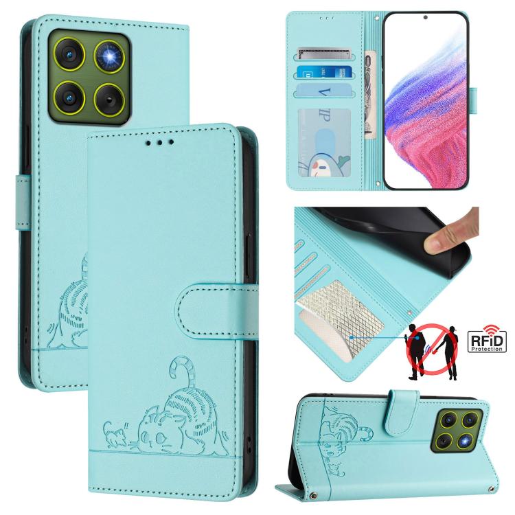 

For Motorola Edge 70 5G Cat Rat Embossed Pattern RFID Leather Phone Case with Lanyard(Mint Green)