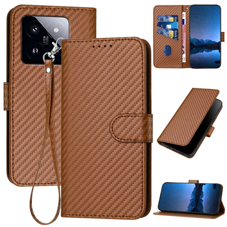 

For Xiaomi 14 Pro YX0070 Carbon Fiber Buckle Leather Phone Case with Lanyard(Coffee)