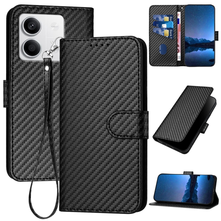 

For Xiaomi Redmi Note 13 5G YX0070 Carbon Fiber Buckle Leather Phone Case with Lanyard(Black)