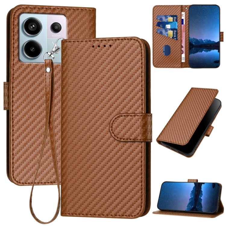 

For Xiaomi Redmi Note 13 Pro 5G YX0070 Carbon Fiber Buckle Leather Phone Case with Lanyard(Coffee)