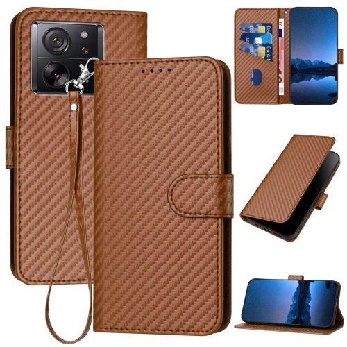 

For Xiaomi 13T/13T Pro/Redmi K60 Ultra YX0070 Carbon Fiber Buckle Leather Phone Case with Lanyard(Coffee)