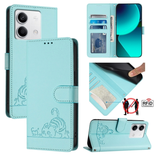 

For Xiaomi Redmi Note 13 5G Global Cat Rat Embossed Pattern RFID Leather Phone Case with Lanyard(Mint Green)
