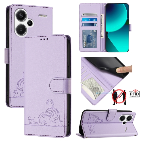 

For Xiaomi Redmi Note 13 Pro+ 5G Global Cat Rat Embossed Pattern RFID Leather Phone Case with Lanyard(Purple)