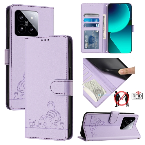 

For Xiaomi 14 5G Cat Rat Embossed Pattern RFID Leather Phone Case with Lanyard(Purple)