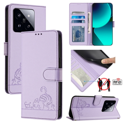 

For Xiaomi 14 Pro 5G Cat Rat Embossed Pattern RFID Leather Phone Case with Lanyard(Purple)
