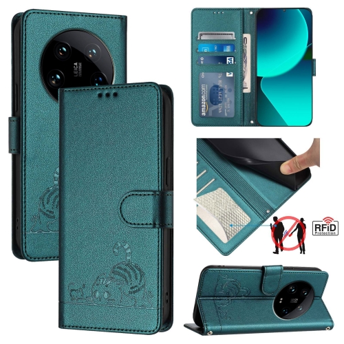 

For Xiaomi 14 Ultra 5G Global Cat Rat Embossed Pattern RFID Leather Phone Case with Lanyard(Peacock Green)