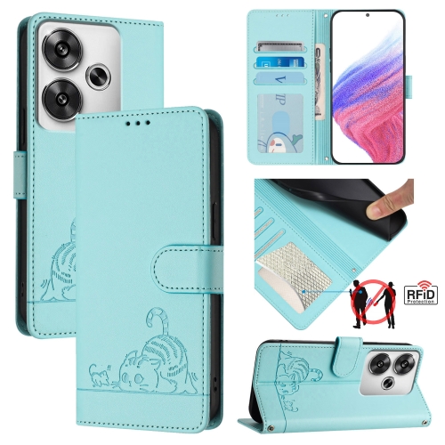 

For Xiaomi POCO F6 5G Cat Rat Embossed Pattern RFID Leather Phone Case with Lanyard(Mint Green)