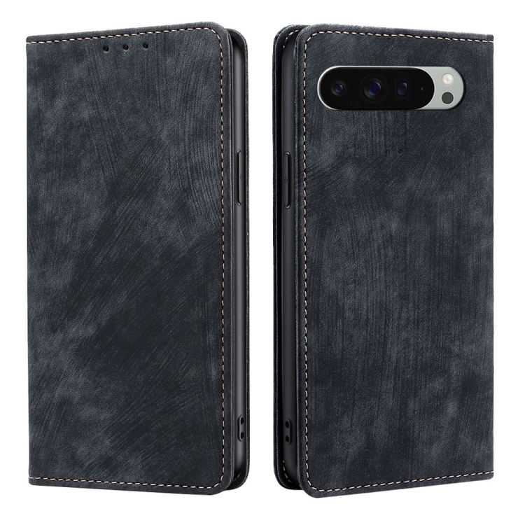 

For Google Pixel 9 Pro XL RFID Anti-theft Brush Magnetic Leather Phone Case(Black)