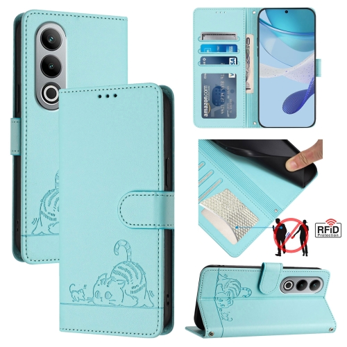 

For OnePlus Nord CE4 5G Cat Rat Embossed Pattern RFID Leather Phone Case with Lanyard(Mint Green)