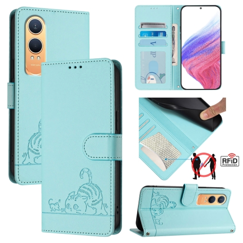 

For OnePlus Nord CE4 Lite Cat Rat Embossed Pattern RFID Leather Phone Case with Lanyard(Mint Green)