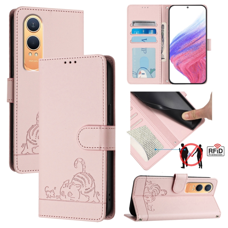 

For OnePlus Nord CE4 Lite Cat Rat Embossed Pattern RFID Leather Phone Case with Lanyard(Pink)