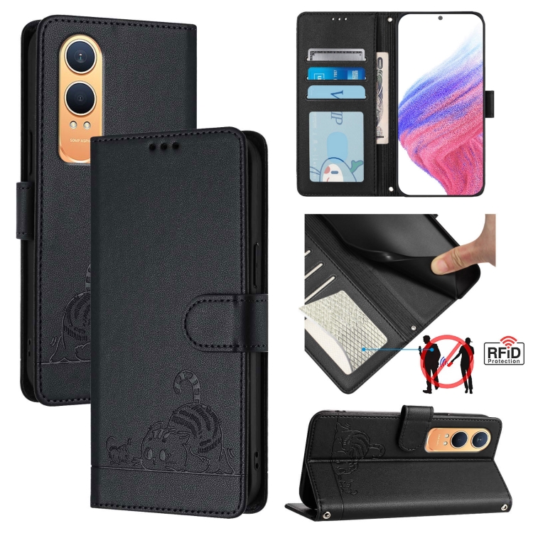 

For OnePlus Nord CE4 Lite Cat Rat Embossed Pattern RFID Leather Phone Case with Lanyard(Black)