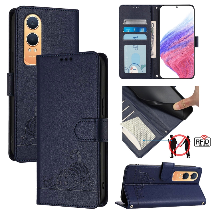 

For OnePlus Nord CE4 Lite Cat Rat Embossed Pattern RFID Leather Phone Case with Lanyard(Blue)