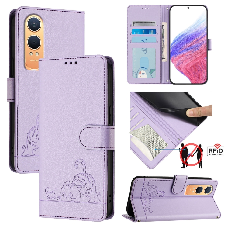 

For OnePlus Nord CE4 Lite Cat Rat Embossed Pattern RFID Leather Phone Case with Lanyard(Purple)
