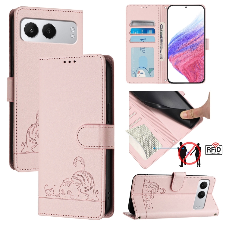 

For OnePlus Nord 4 5G Cat Rat Embossed Pattern RFID Leather Phone Case with Lanyard(Pink)