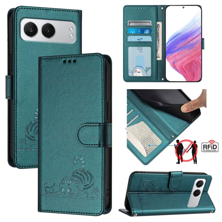 

For OnePlus Nord 4 5G Cat Rat Embossed Pattern RFID Leather Phone Case with Lanyard(Peacock Green)