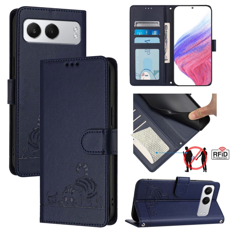 

For OnePlus Nord 4 5G Cat Rat Embossed Pattern RFID Leather Phone Case with Lanyard(Blue)